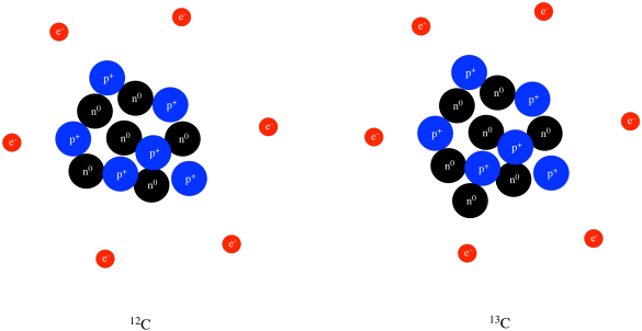 A cartoon of carbon-12 is shown with six protons and six neutrons clustered together in the 
middle and six individual electrons floating outside the middle cluster. A cartoon of carbon-13 is shown with six protons and seven neutrons clustered together in the 
middle and six individual electrons floating outside the middle cluster.