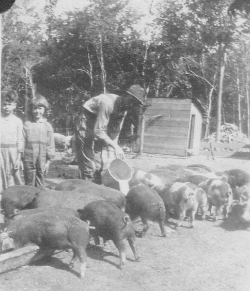 1922 Herb Marian and Father slopping hogs